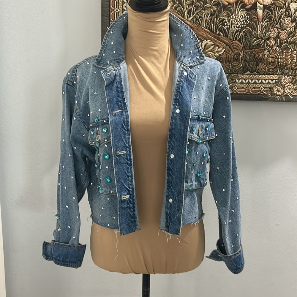 Custom Made Evil Eye New With Tags Love Tree Bling Denim Cut off Jacket. Size M - Picture 9 of 17